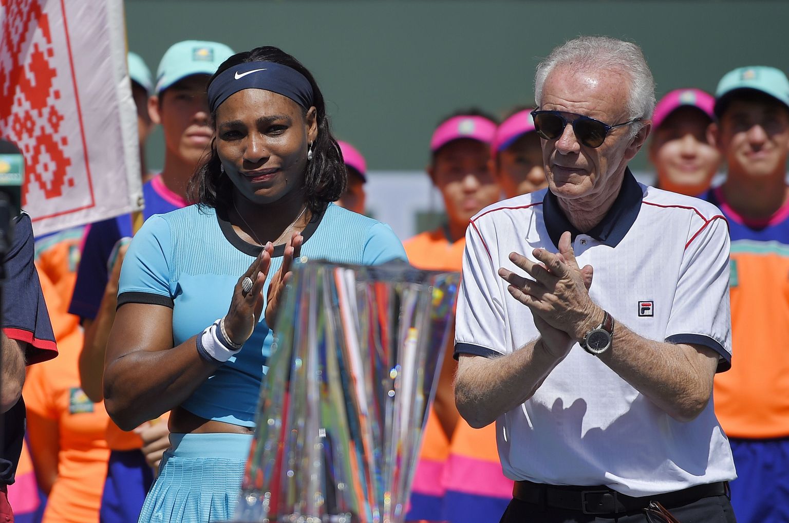 Serena Williams ja Raymond Moore pärast Indian Wellsi naiste finaali.