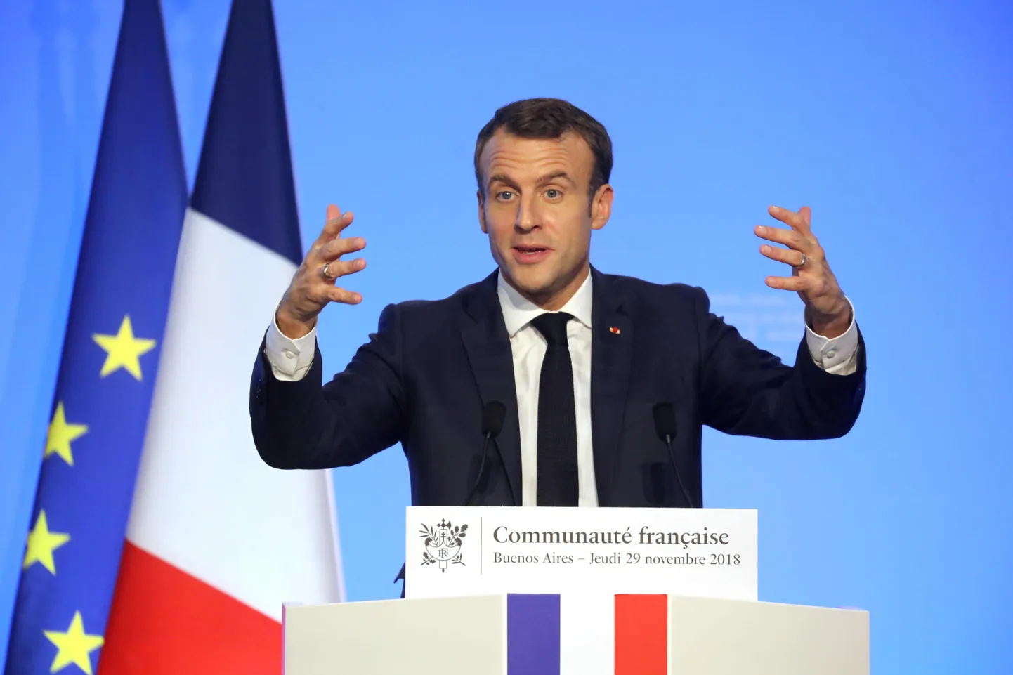 Prantsuse president Emmanuel Macron neljapäeval Buenos Aireses prantslaste kogukonnale esinedes.