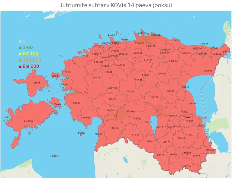 14 päeva nakatumisnäit 100 000 elaniku kohta kohalikes omavalitsustes.