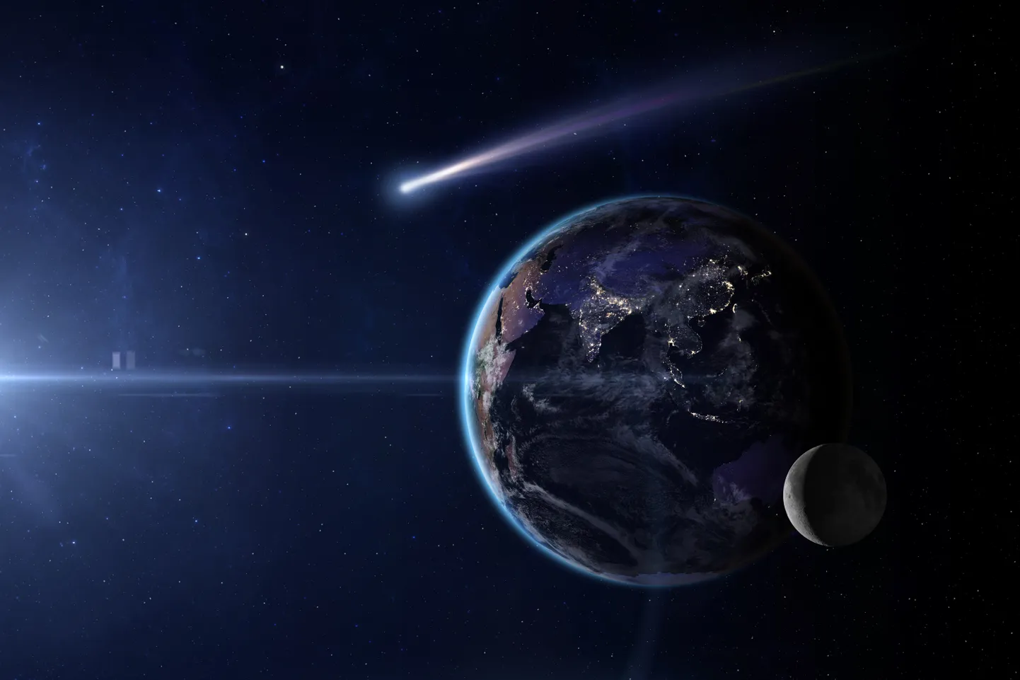 Maa, Kuu ja asteroid. Pilt on illustreeriv