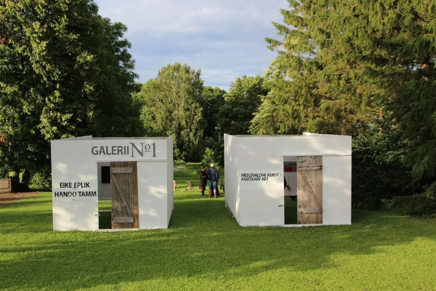 Galerii No 1 kunsti täis kuubikute taga on skulptuurid ja taamal Saadjärv.