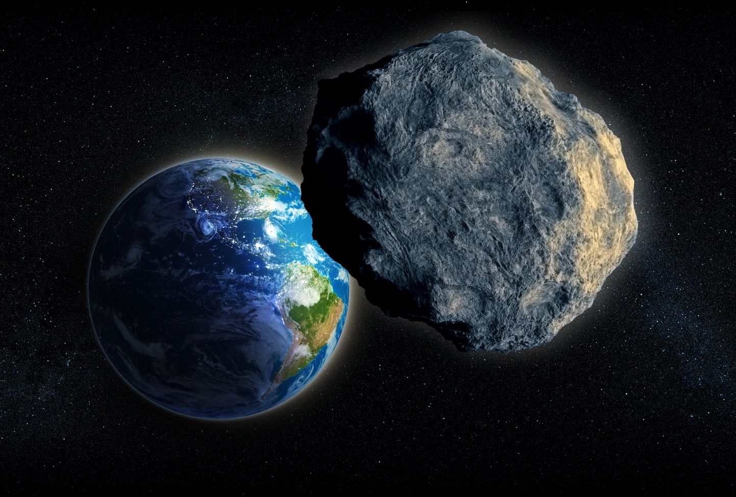 Maa ja asteroid. Pilt on illustreeriv