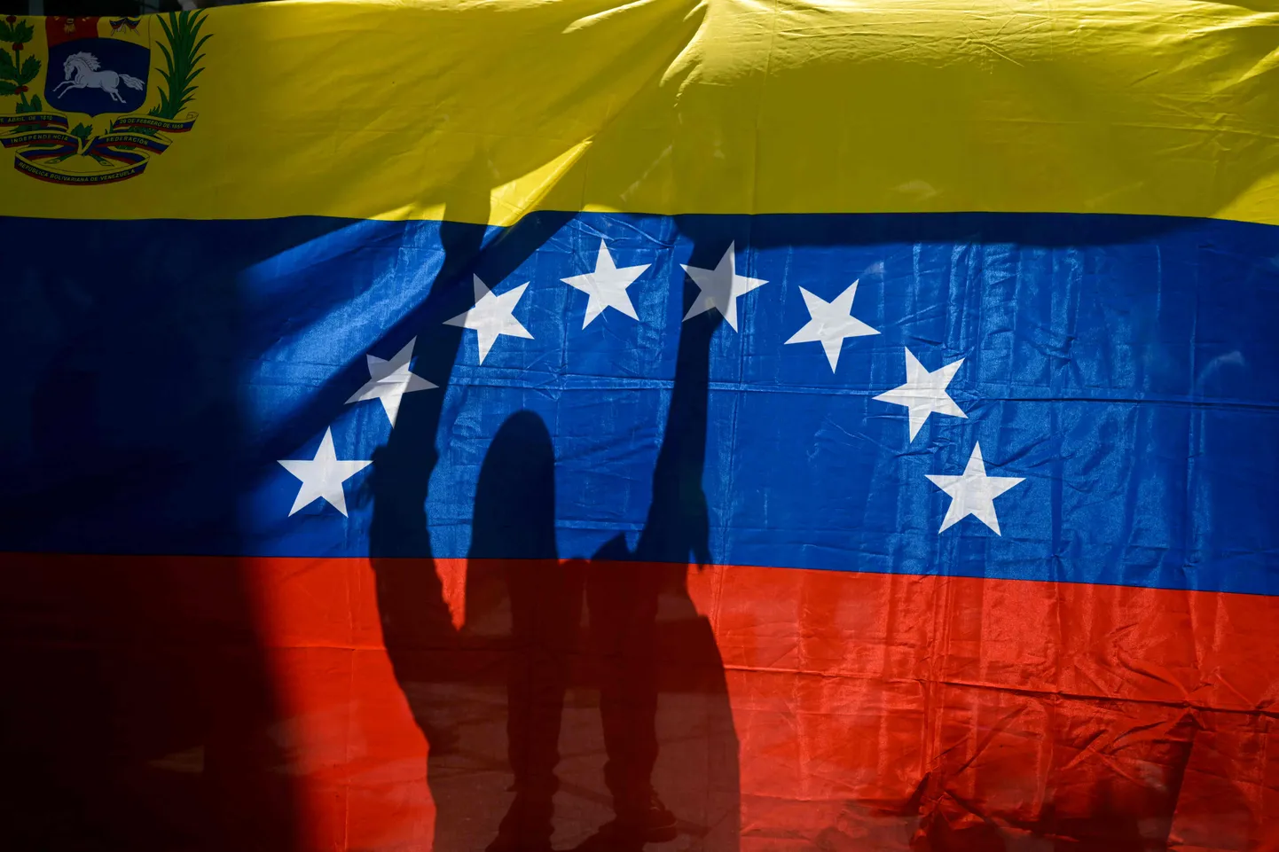 Venezuela lipp protestijate keskel.
