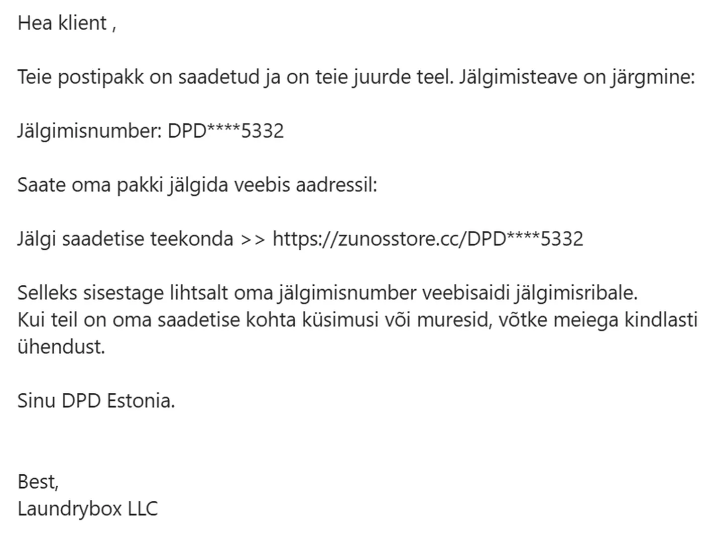 DPD nime alt saadetud petukiri.