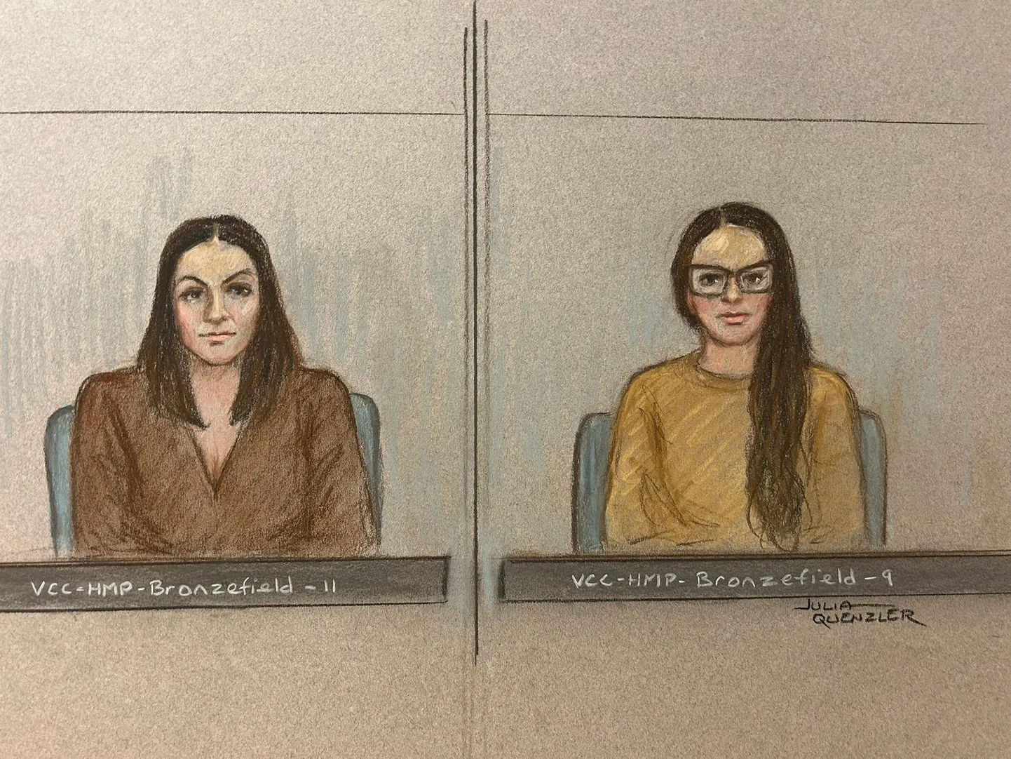 Kohtukunstniku joonistus spionaažis kahtlustavatest ja Ühendkuningriigis elavatest bulgaarlastest Katrin Ivanovast (vasakul) ja Vanja Gaberovast Londonis keskkriminaalkohtus