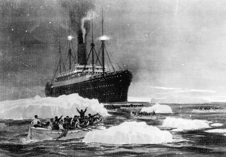 Maal, millel on kujutatud Titanicule appi tulnud Carpathiat ja Titanicu päästepaatides ellujäänuid