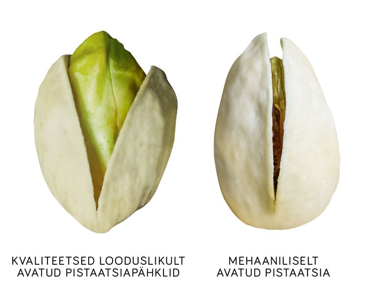 Loomulikult avanenud pistaatsiapähkel ja mehaaniliselt avatud.