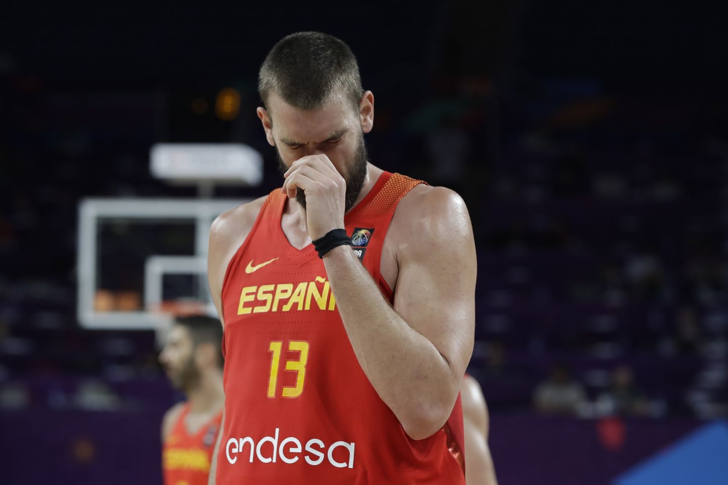 Spain's Marc Gasol reacts during their Eurobasket European Basketball Championship quarterfinal match against Germany, in Istanbul, Tuesday, Sept. 12. 2017. (AP Photo/Thanassis Stavrakis)