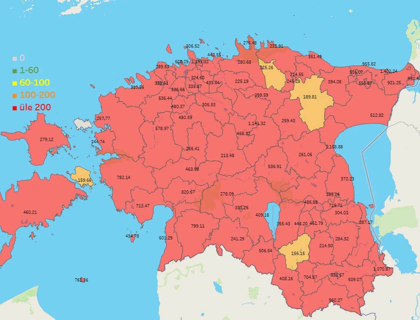 Haigusjuhtumite arv kohalikes omavalitsustes viimase 14 päeva jooksul.