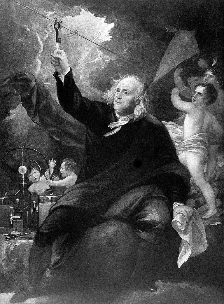 Benjamin Franklin kunstniku kujutatult tegemas tuuelohega katset tõestamaks, et välk on elektrinähtus.