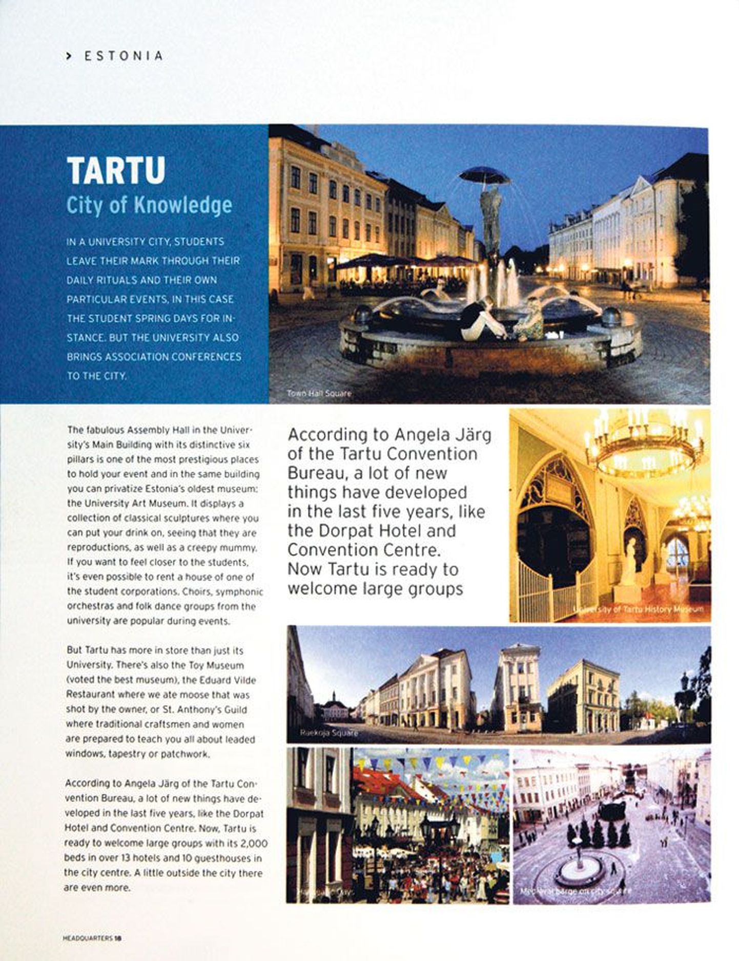 Konverentsiturismi professionaalide ajakirja Headquarters esikaas ja kaks Tartulinna tutvustavatest lehekülgedest.