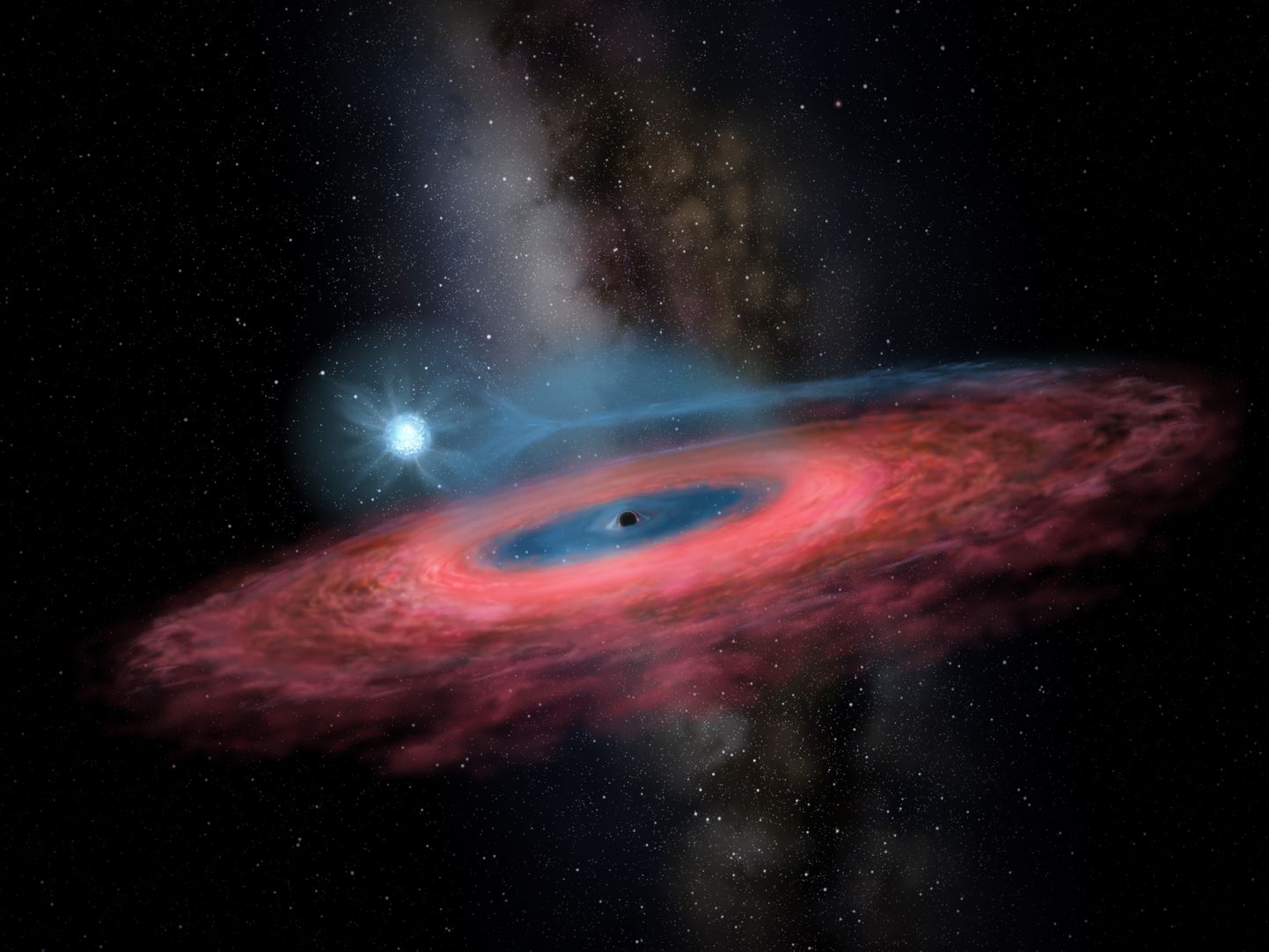 Teadlaste avastatud ülisuure musta augu LB-1 töödeldud kujutis.