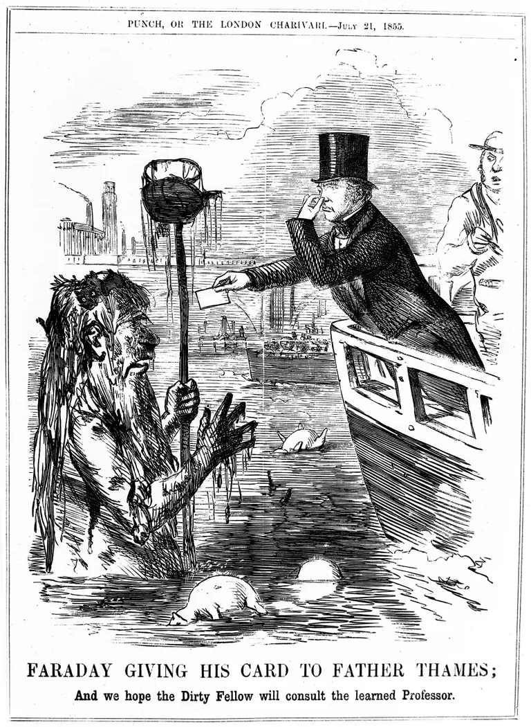 Karikatuur Michael Faraday hoiatustest Thamesi jõe seisundi kohta
