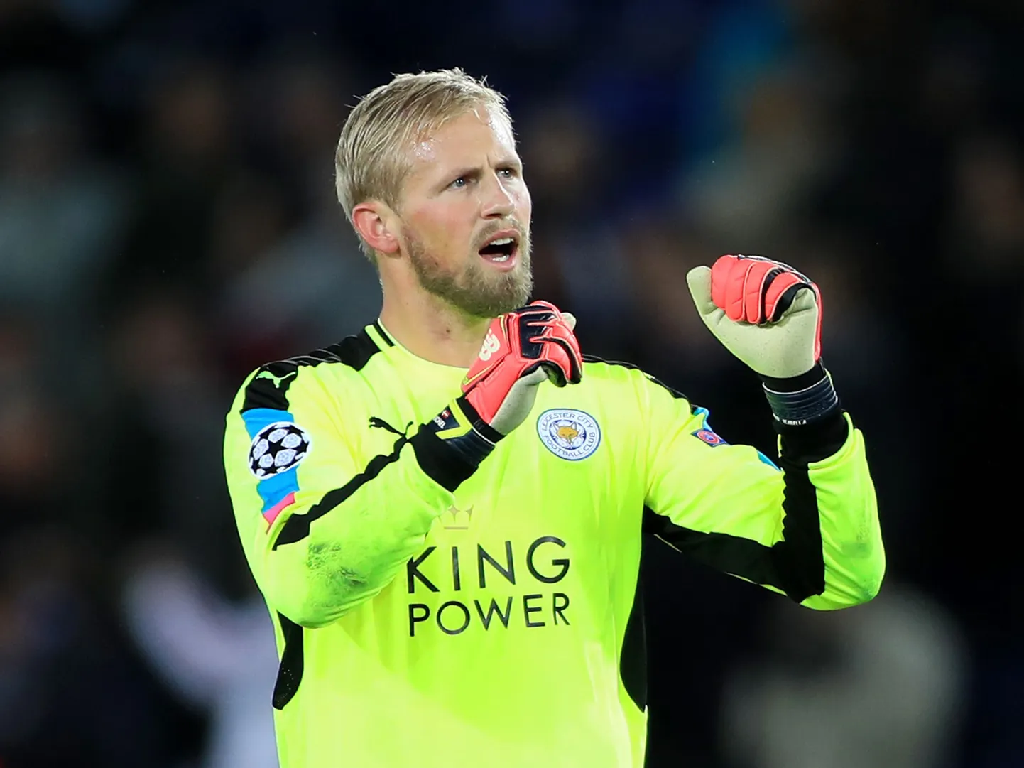 Leicester City taanlasest väravavaht Kasper Schmeichel tähistamas FC Kopenhaageni alistamist.
