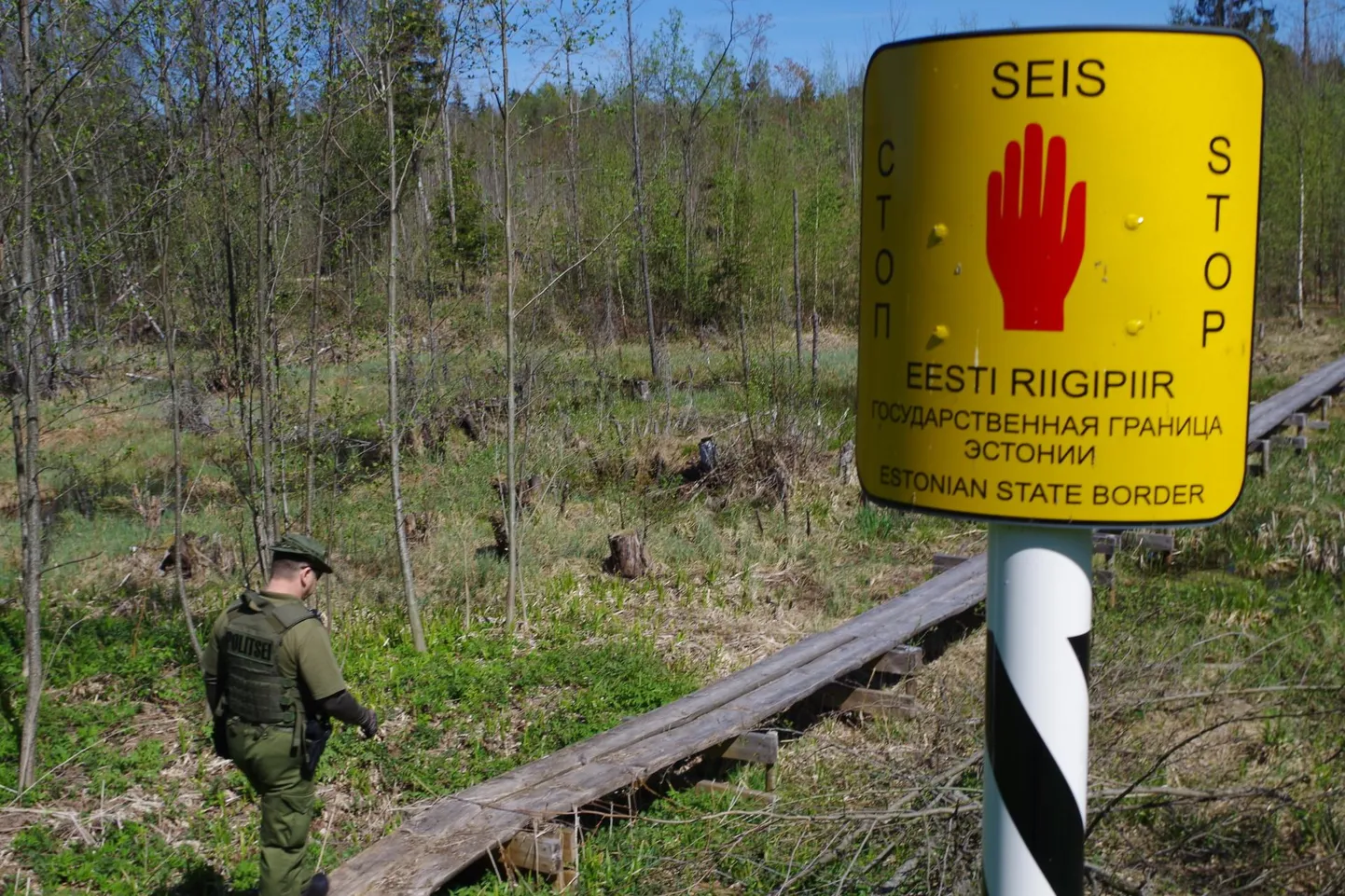 Piirivalvur vanal laudteel Eesti idapiiril enne piiriehituse algust.