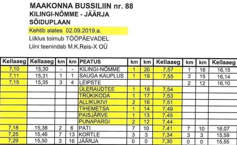 Jäärja–Kilingi-Nõmme bussiliini nr 88 uus sõiduplaan.