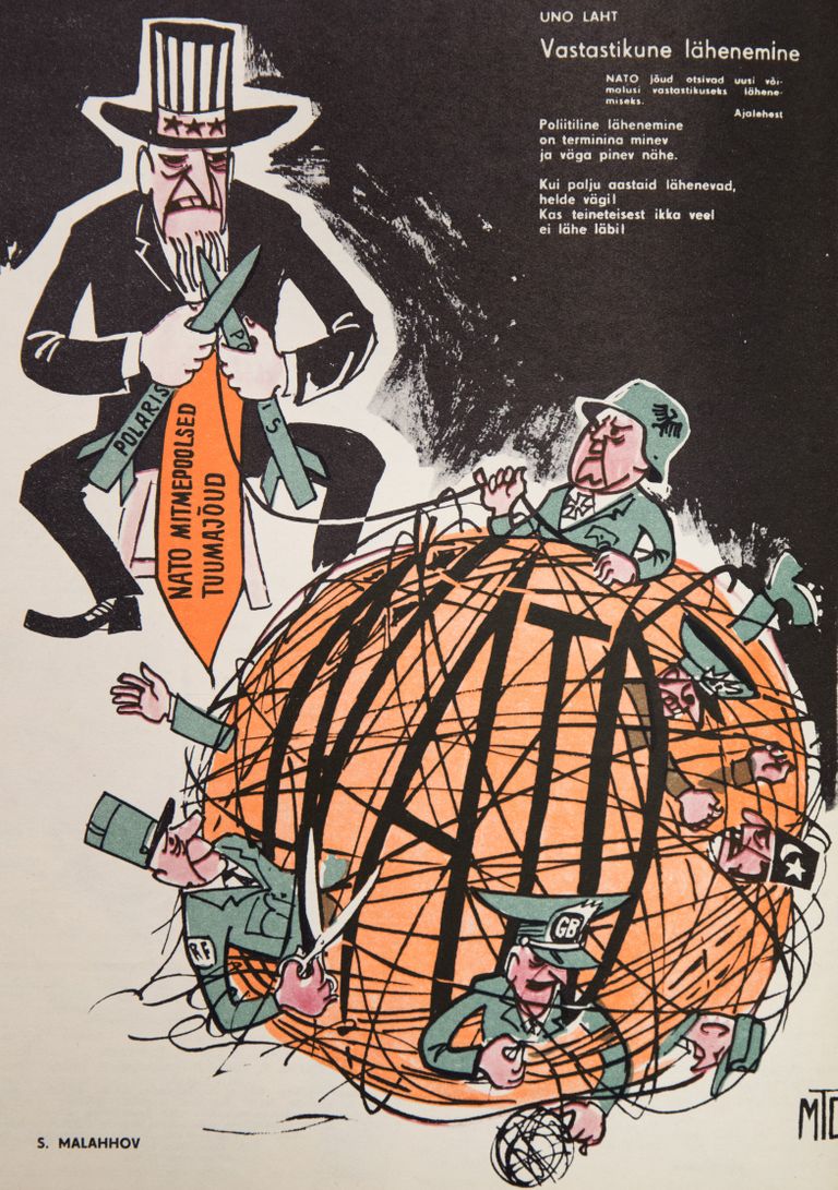 S. Malahhov (1965 jaan). Ka sel karikatuuril on viide Polaris rakettidele ja NATO liitlaste erimeelsustele. Nagu näha on Prantsusmaa NATOst sõjalistest struktuuridest välja viinud kindral Charles de Gaulle läinud kääridega alliansi ühendavate sidemete kallale.