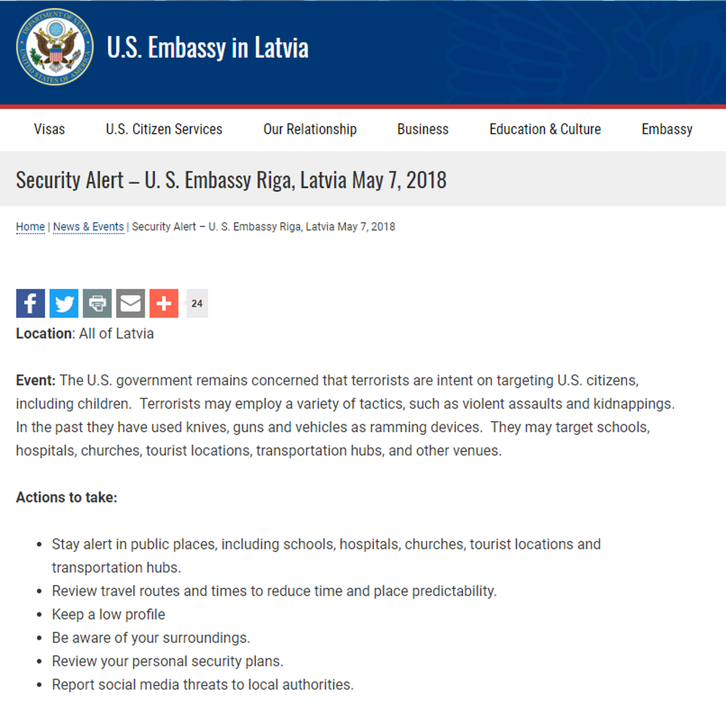 Посольство США в Латвии предупредило своих граждан об угрозе терактов.