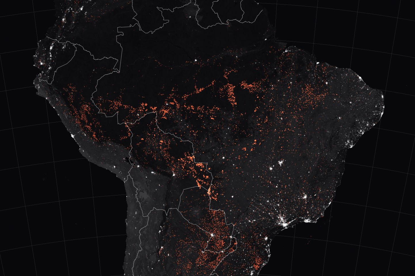 24. augustil NASA avaldatud pilt, kus on näha tulekolded Brasiilias ja mujal Lõuna-Ameerikas.