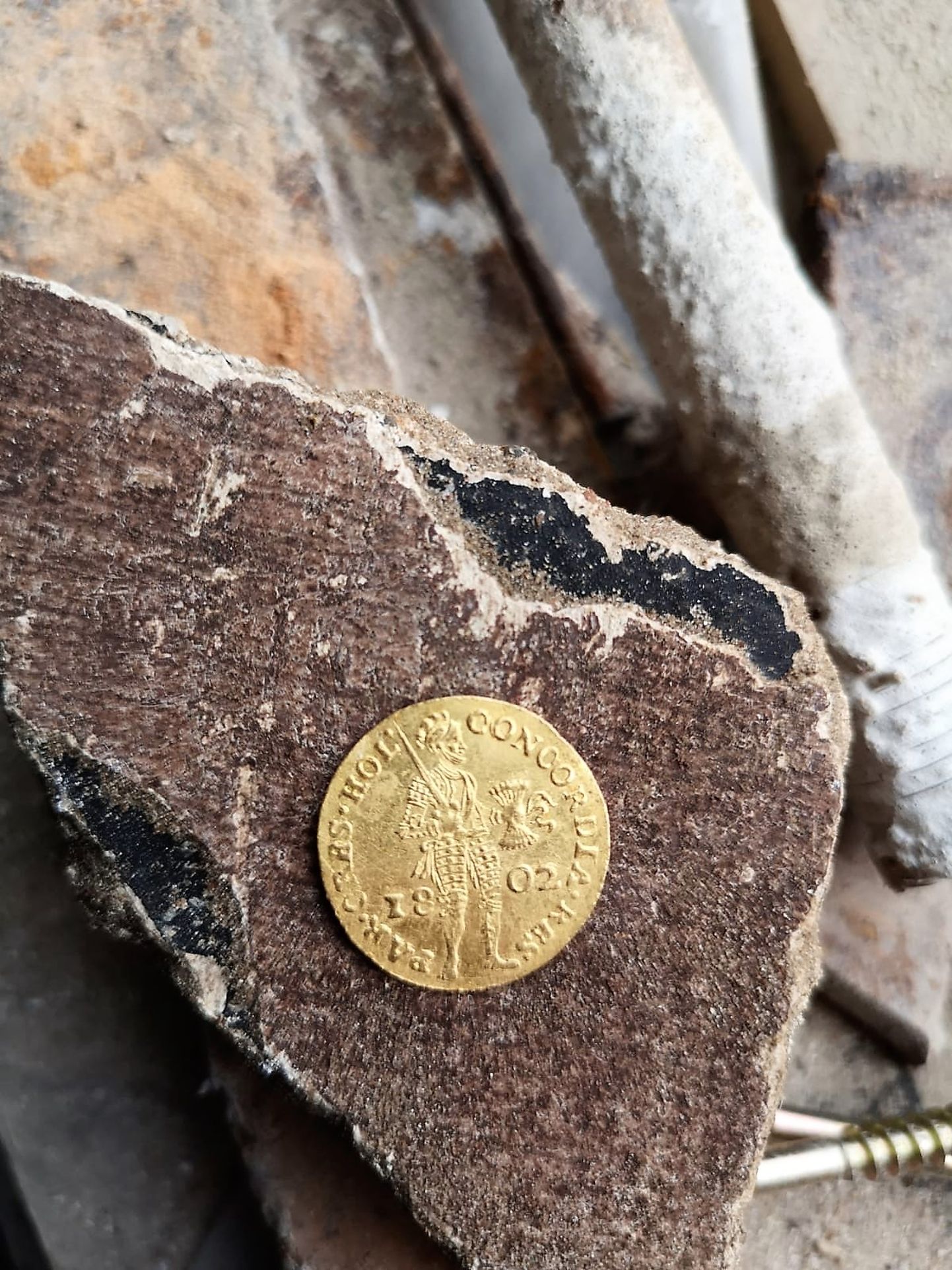 Zelta Holandes dukāts, kalts 1802. gadā, 3,45 grami, 983 zelta prove (averss un reverss)