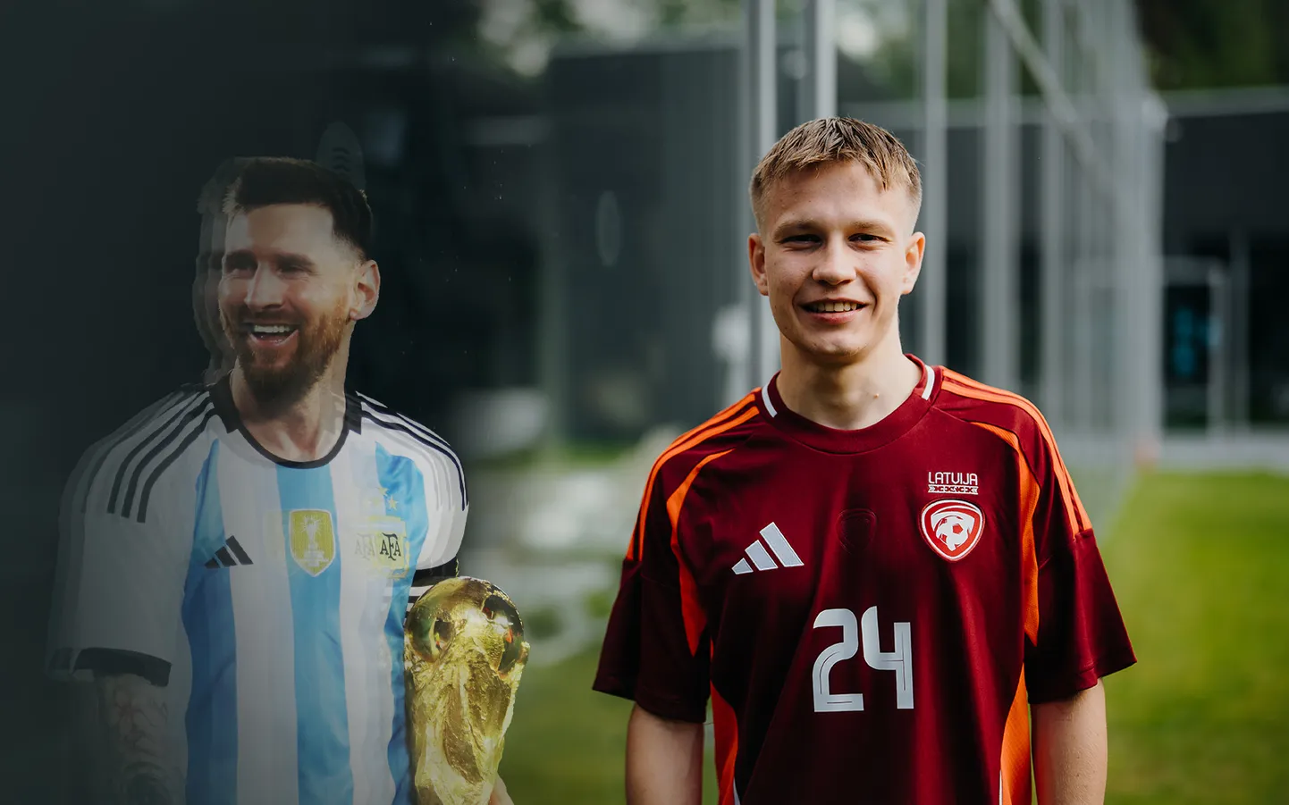 Lionels Mesi un Latvijas izlases futbolists Kristaps Grabovskis.