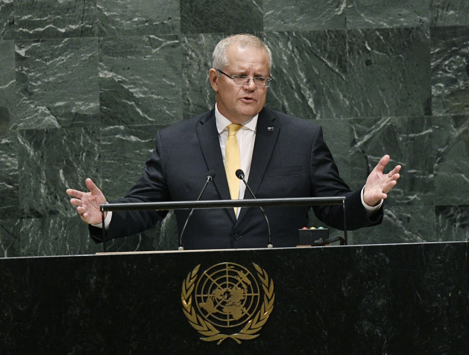 Austraalia peaminister Scott Morrison kolmapäeva õhtul New Yorgis ÜRO Peaassambleel kõnet pidamas.