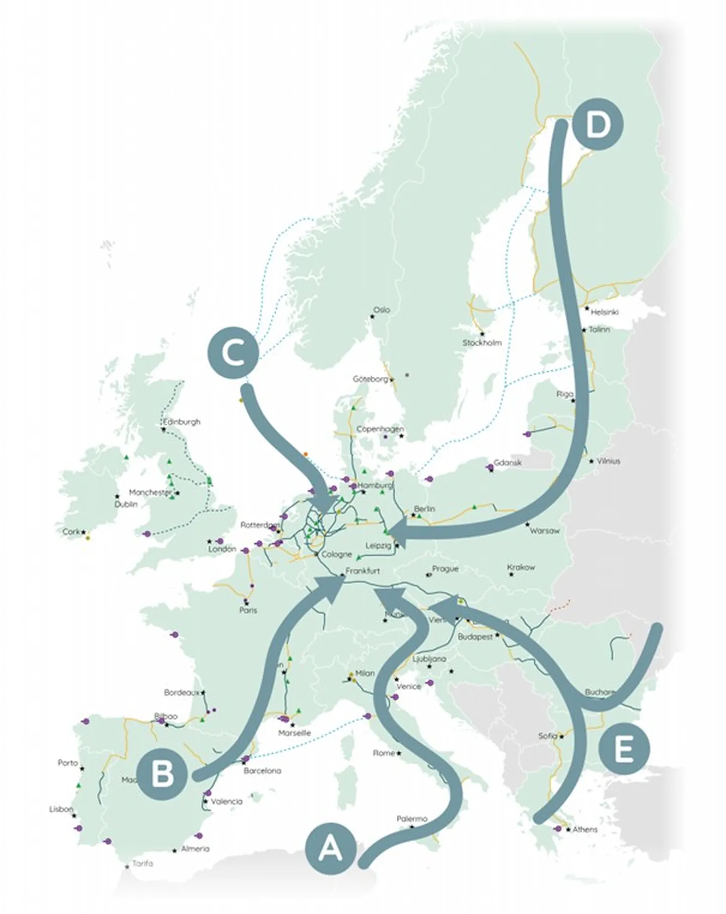Viis potentsiaalset vesiniku varustuskoridori Euroopa Vesiniku Selgroo initsiatiivi vaates.