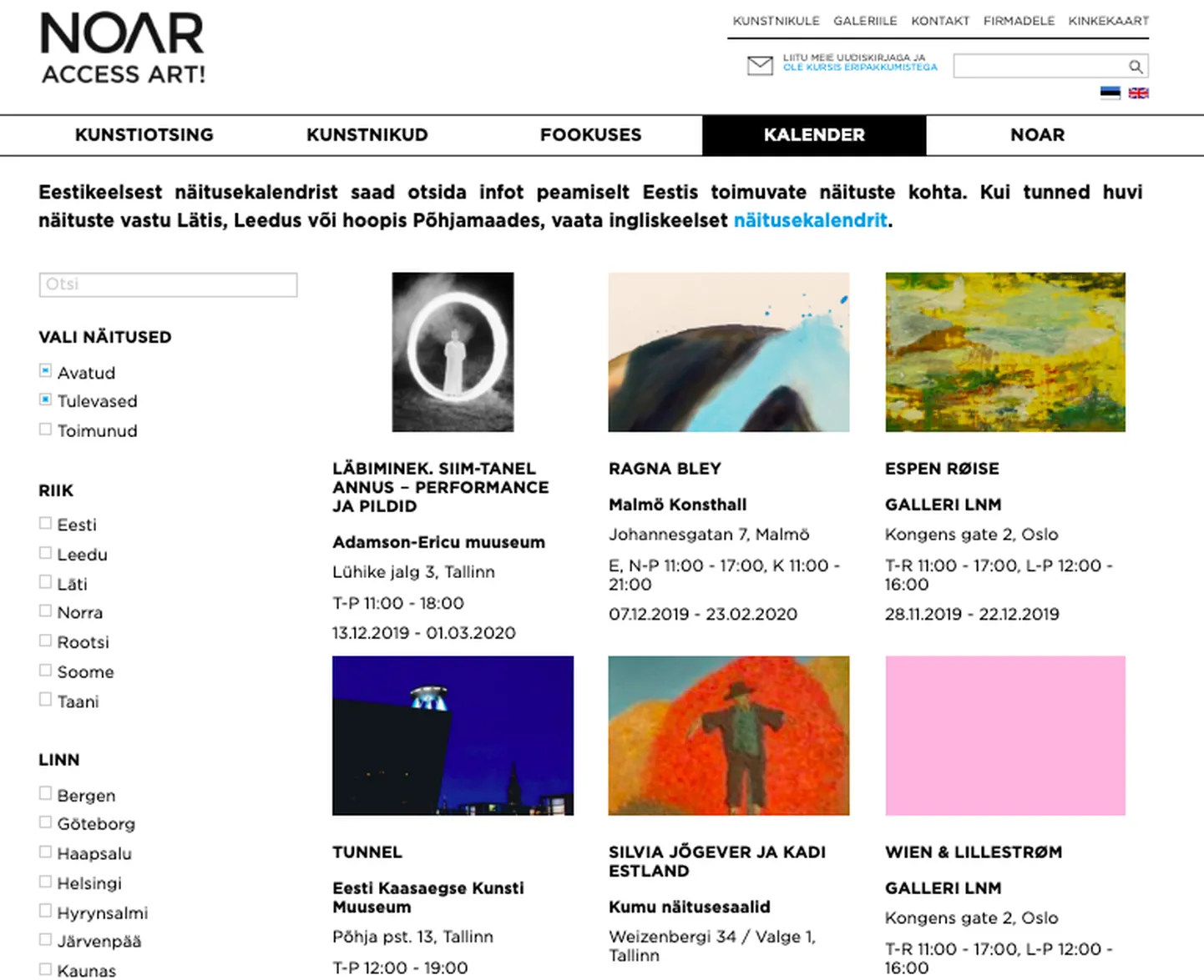 Noar.eu online-näitusekalender koondab kokku Põhjamaade ja Baltikumi kunstisündmused.