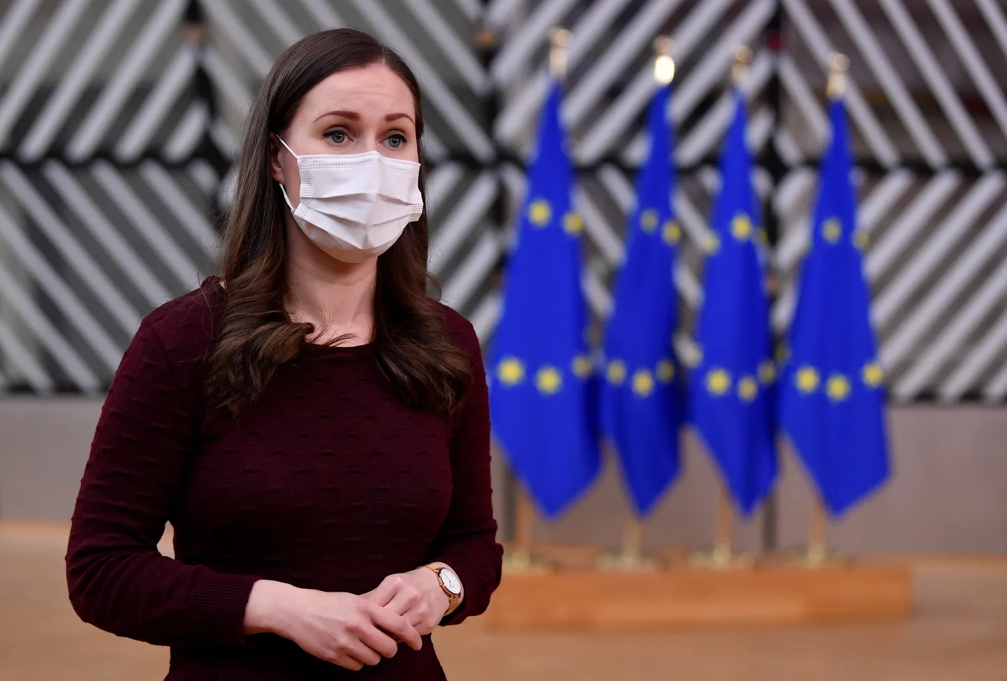 Finland's Prime Minister Sanna Marin speaks as she arrives to attend a face-to-face EU summit amid the coronavirus disease (COVID-19) lockdown in Brussels, Belgium December 10, 2020. John Thys/Pool via REUTERS