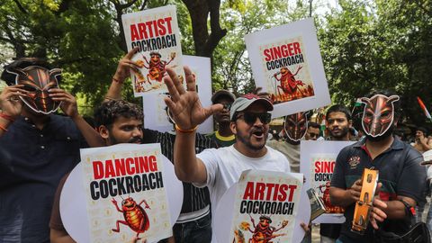 Protesters in Delhi, calling themselves 'Cockroaches,' demand education minister's resignation