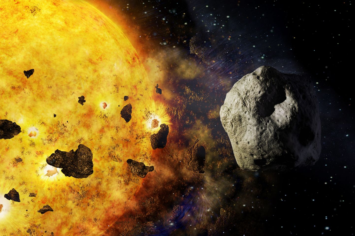 Päike ja asteroid. Pilt on illustreeriv