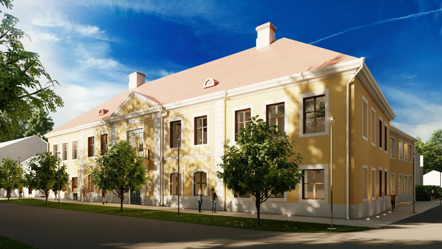 Paide riigimaja vanem ja ajaloolisem osa Tallinna tänava ääres.