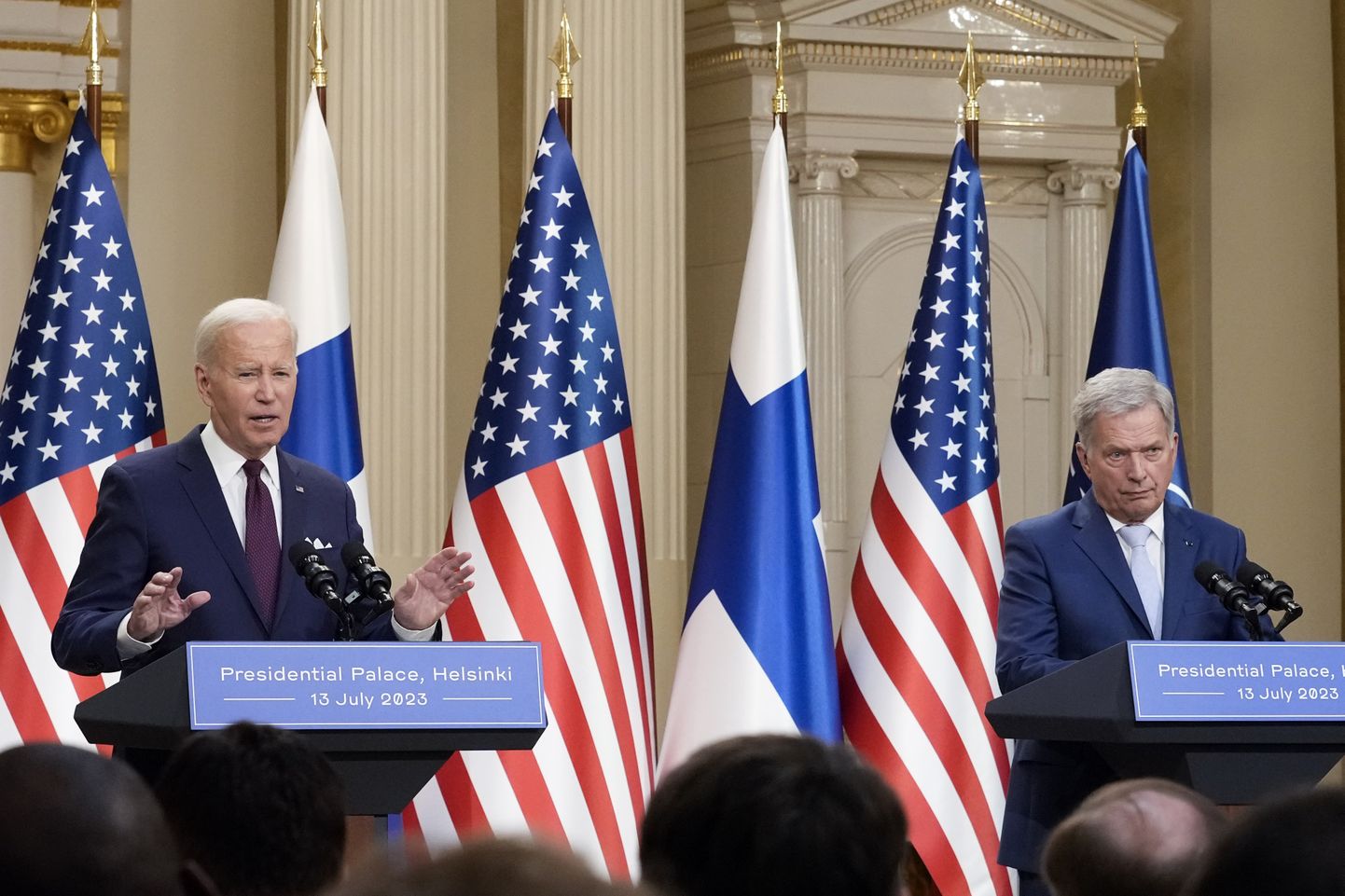 USA presidendi Joe Bideni ja Soome presidendi Sauli Niinistö ühine pressikonverents 13. juulil 2023 Helsingis presidendi palees