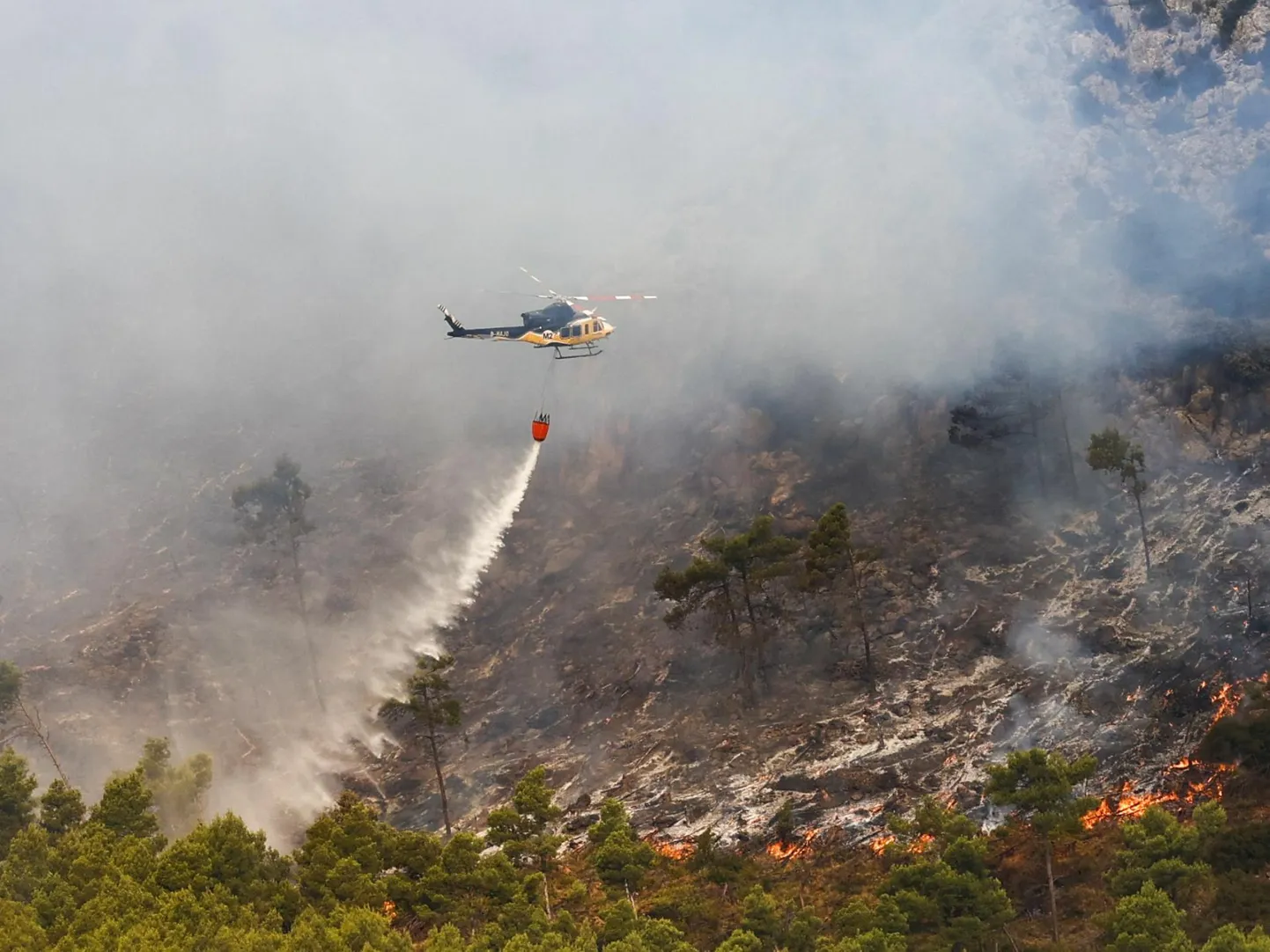 Tuletõrje helikopter 17. augustil kustutamas metsatulekahju Bejísi maakonnas Valencias.