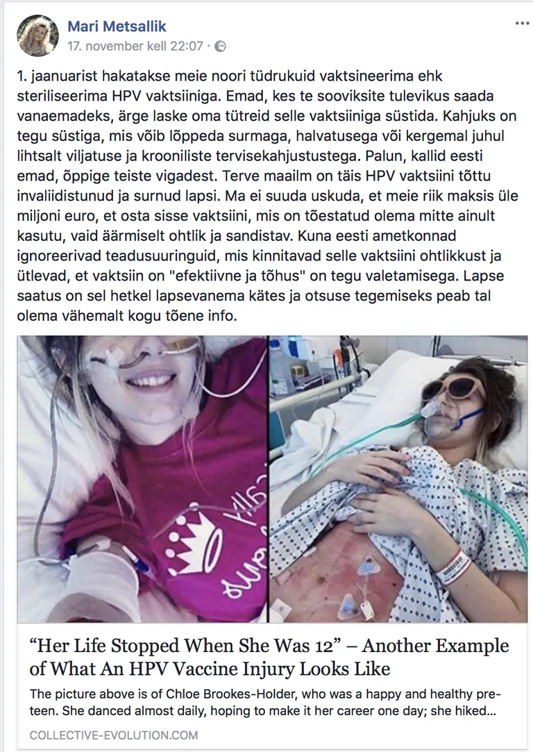 Mari Metsallik sotsiaalmeediapostitus