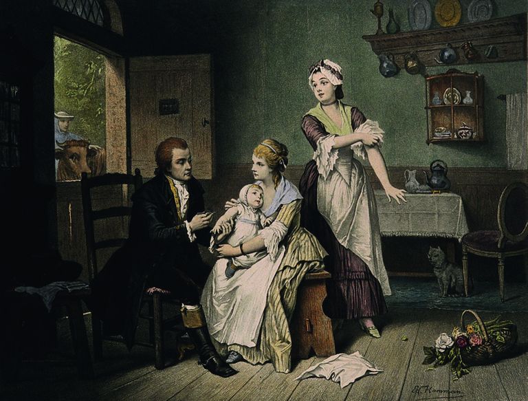 Pildil on kun­stnik kujutanud inglise arsti Edward Jennerit (1749-1823), kes vaktsineerib oma poega. Õuest jälgib toimuvat lehm, kellelt Jenner kogus vaktsineerimiseks vajalikku materjali.