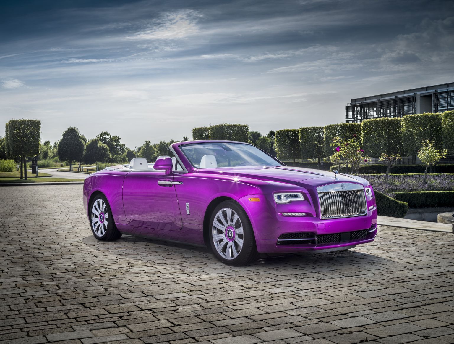 Rolls-Royce tõotab pühalikult, et nende toodang jääb alati eksklusiivseks elamuseks. Pildil roosa Dawn pöetud põõsaste taustal.