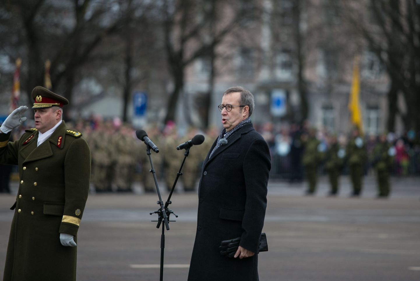 Тоомас Хендрик Ильвес принимает парад Сил обороны Эстонии в Нарве.