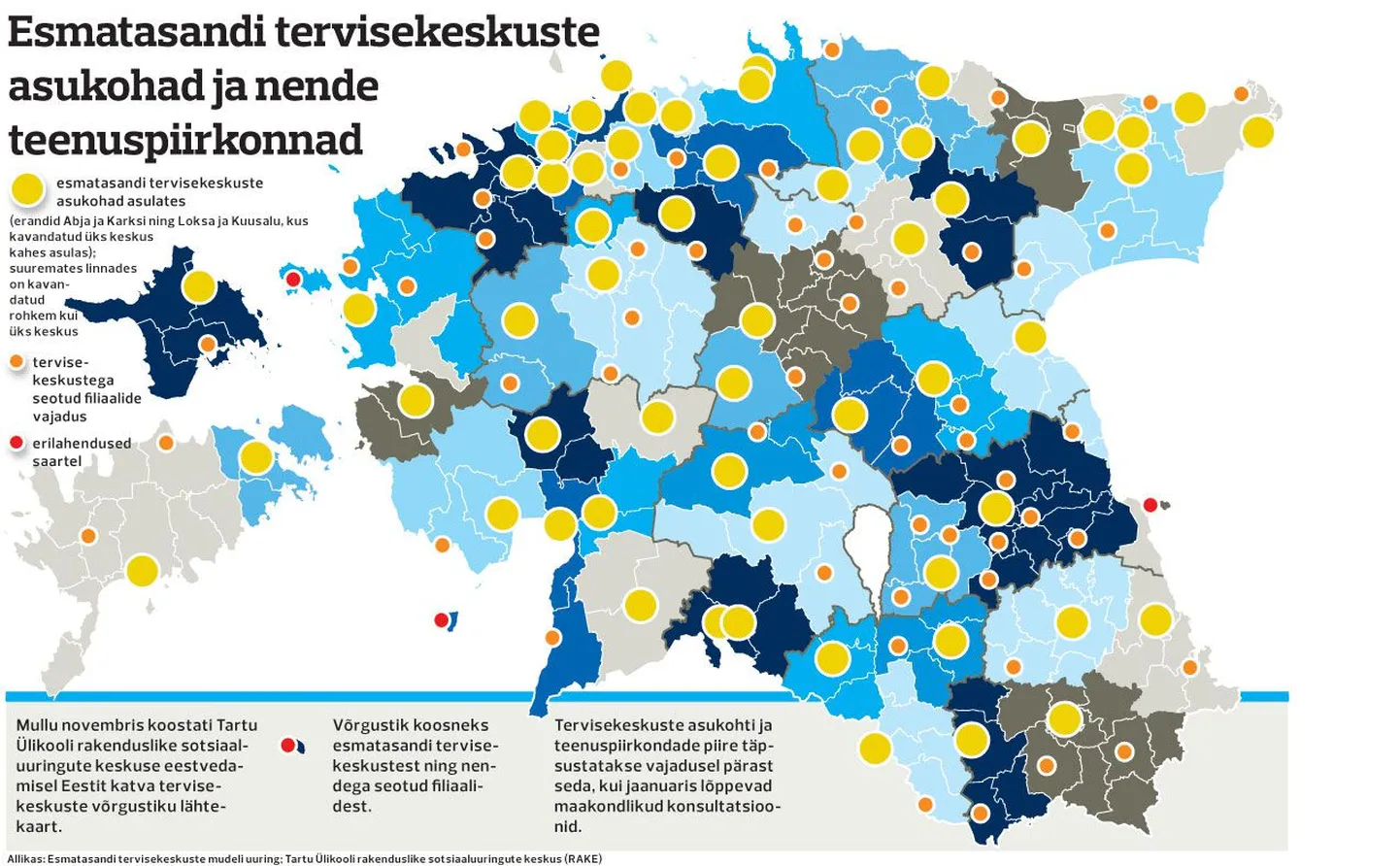 Esmatasandi tervisekeskuste asukohad ja nende teenuspiirkonnad.