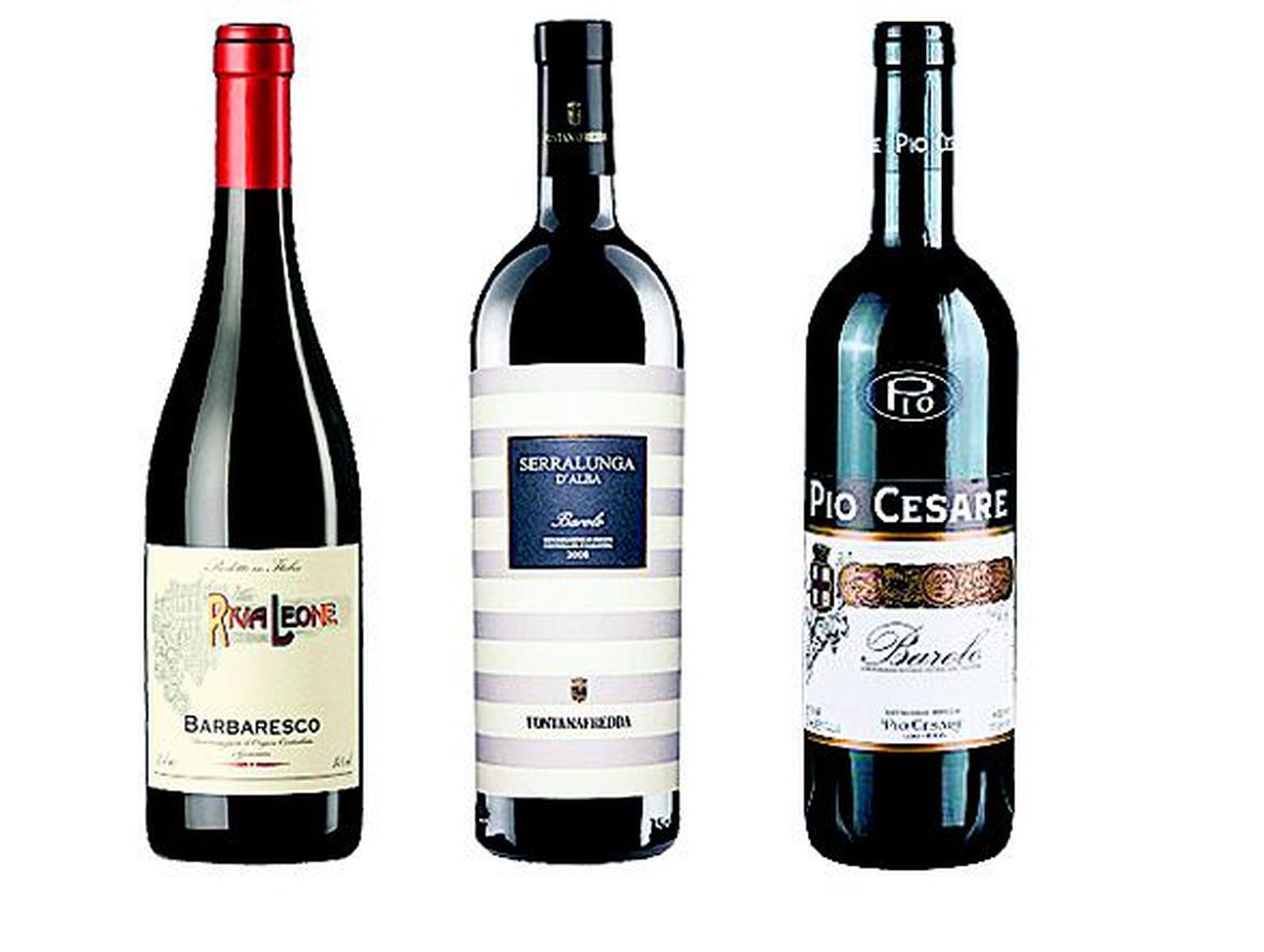 Kolm veinisoovitust: Riva Leone Barbaresco DOCG, Fontanafredda Serralunga d’Alba Barolo DOCG ja Pio Cesare Barolo DOCG.