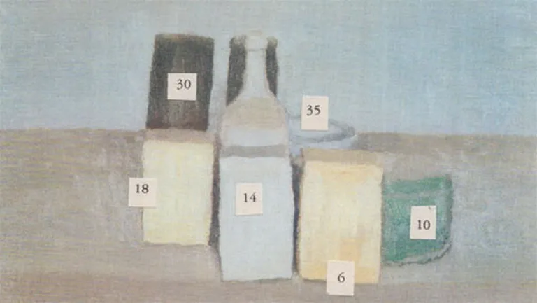 Miks Mitrēvics. "morandi 48a.jpg" – cipari, pielīmēti Džordžio Morandi (Giorgio Morandi) Still Life (1956) reprodukcijai
