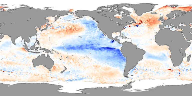 Temperatuurianomaaliad La Niña ajal. Punased toonid kujutavad keskmisest kõrgemaid, sinised madalamaid temperatuure.