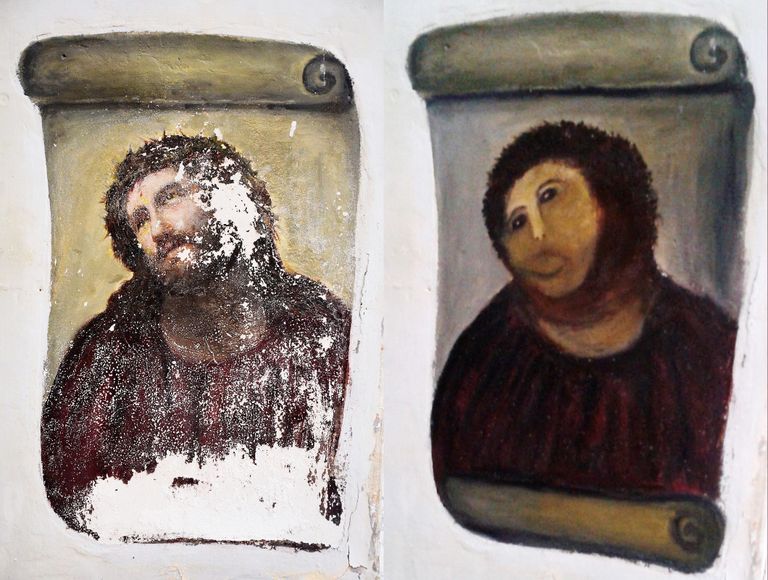 Hispaania naise Elías García Martíneze restaureeritud fresko Jeesusega. Töö sai 2012. aastal suure tähelepanu osaliseks. Foto: Scanpix