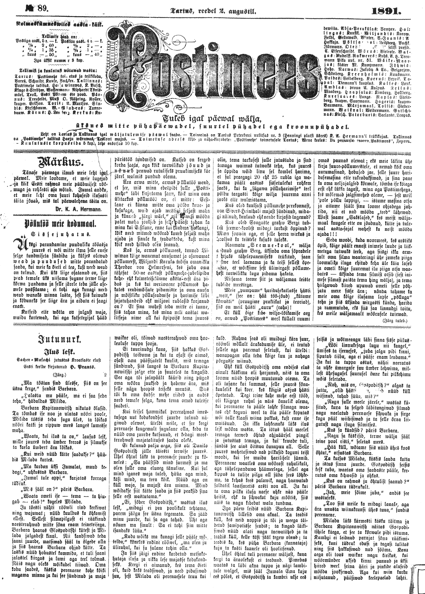 1891. aasta 2. augusti leht. «Postimees» muutus esimeseks eestikeelseks päevaleheks.