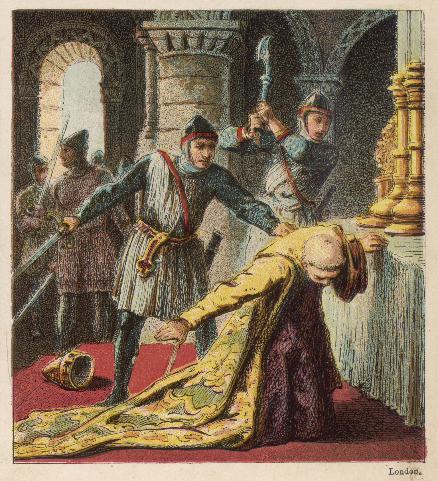 19. sajandi joonistus, millel on kujutatud Canterbury peapiiskopi Thomas Becketi mõrvamist Inglise kuninga Henry II rüütlite poolt 29. detsembril 1170