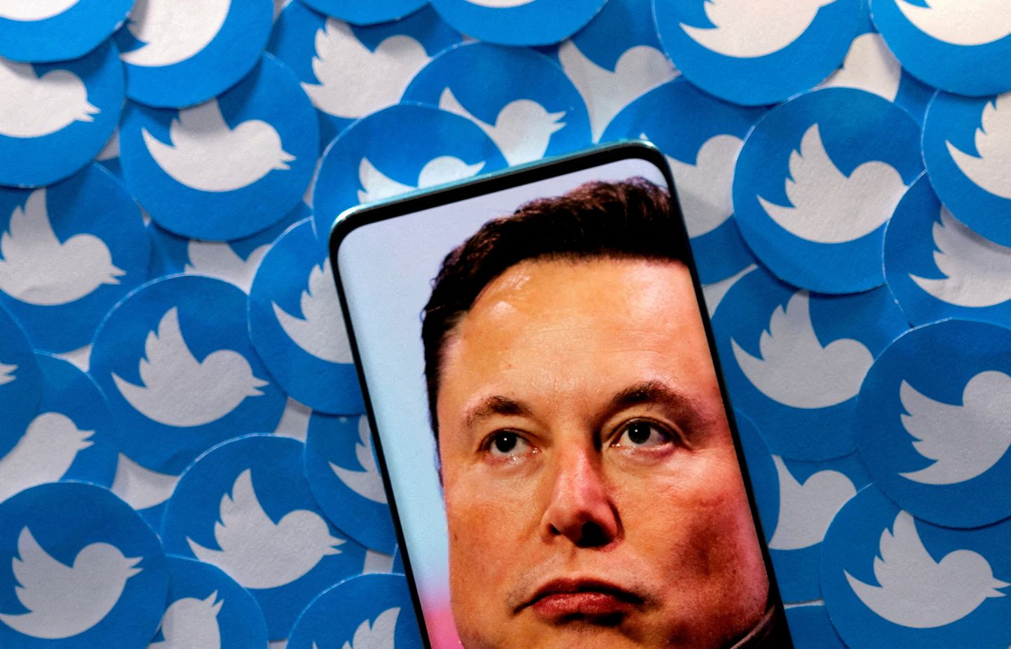 Twitteri värske omanik Elon Musk Twitteri logode taustal. Pilt on illustreeriv.