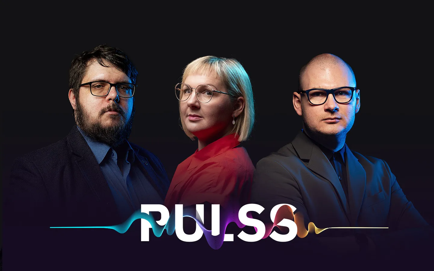 Raidījuma "PULSS" vadītāji, TVNET žurnālisti Artjoms Ļipins, Ērika Staškeviča, Artūrs Guds