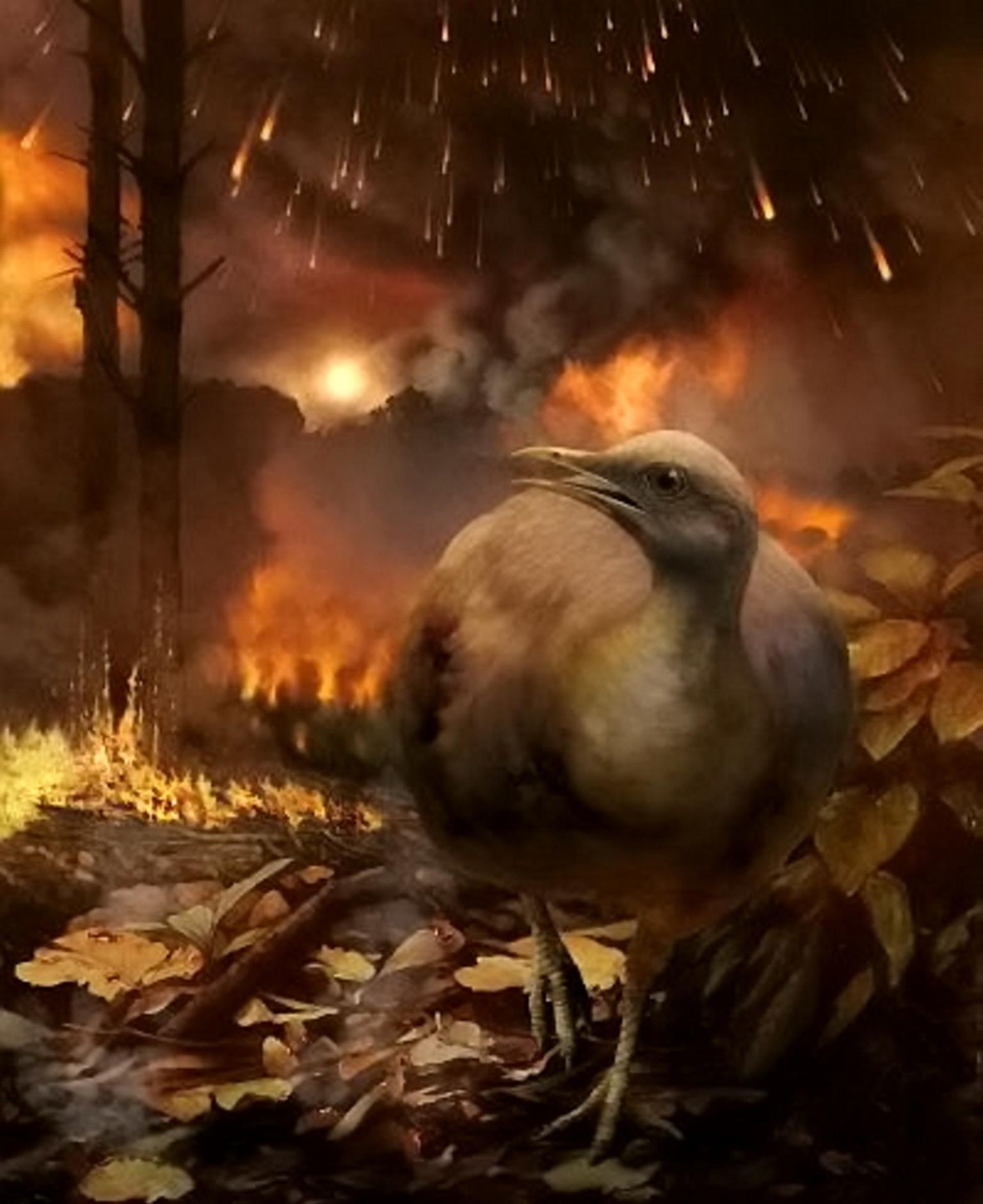 Kunstniku nägemus kõigi tänaste lindude eellasest, kes ühena vähestest elas üle dinosaurused hävitanud meteoriidi.