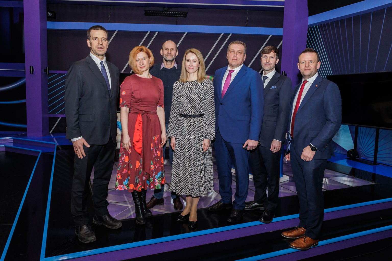From the left. Head of the Center Party Jüri Ratas, head of the Parempoolsed (Right-wingers) Lavly Perling, head of the Isamaa Helir-Valdor Seeder, head of the Reform Party Kaja Kallas, head of the Estonia 200 Lauri Hussar, head of the Estonian Conservative People's Party (EKRE) Martin Helme and head of the Social Democratic Party (SDE) Lauri Läänemets.