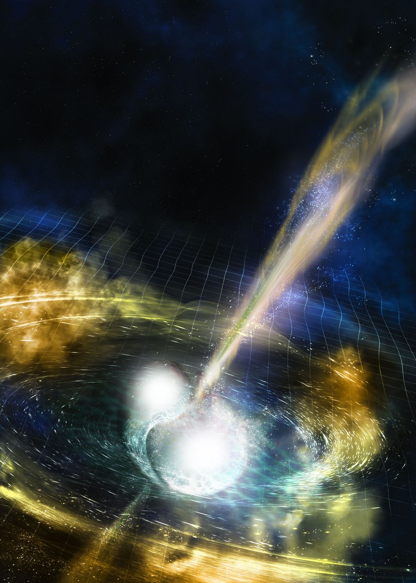 (171022) -- BEIJING, Oct. 22, 2017 (Xinhua) -- Illustration Image shows two merging neutron stars. The narrow beams represent the gamma-ray burst while the rippling spacetime grid indicates the isotropic gravitational waves that characterize the merger. Swirling clouds of material ejected from the merging stars are a possible source of the light that was seen at lower energies. Scientists announced Monday that they have for the first time detected the ripples in space and time known as gravitational waves as well as light from a spectacular collision of two neutron stars. (Xinhua/National Science Foundation/LIGO/Sonoma State University/A. Simonnet.)  (Photo by Xinhua/Sipa USA)